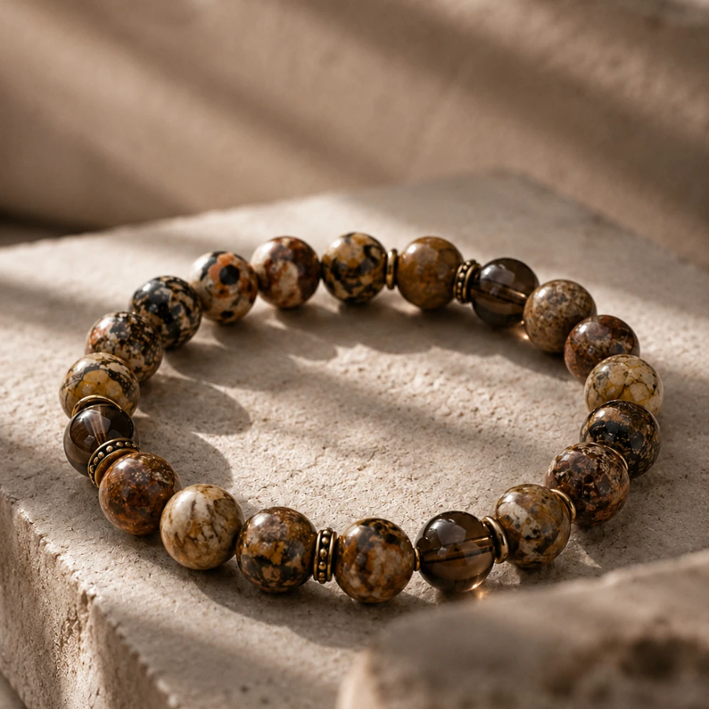 

Natural Leopard Jasper and Smoky Quartz Bracelet for Men Women, Beaded Stone Jewelry Gift