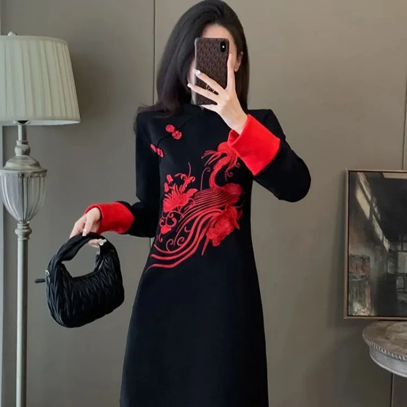 Black New Chinese Disc Button Dress Women High-Quality National Style Skirt