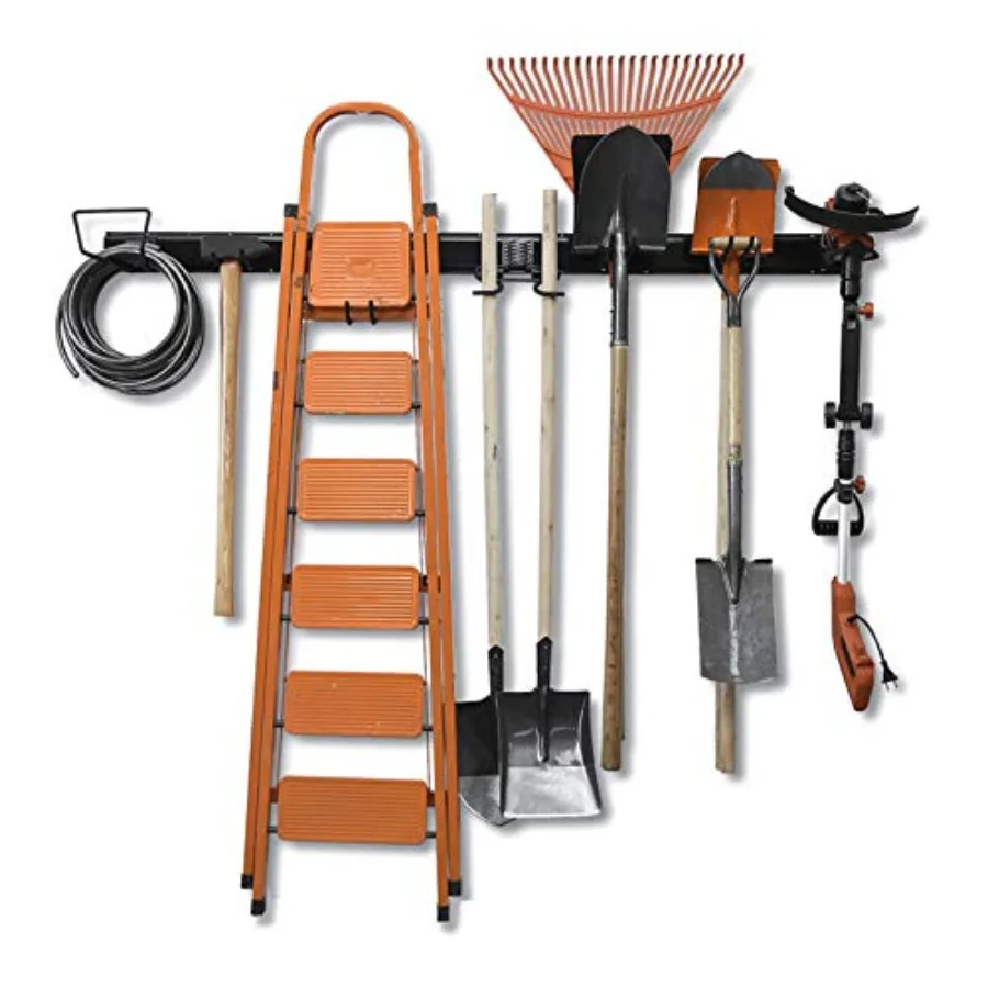 

Garage tool storage rack for garden use heavy-duty steel black holds up to 420lb mounts on wall for brooms rakes shovels