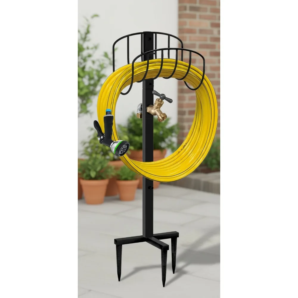 

Freestanding Garden Hose Holder Stake with Brass Faucet, Heavy Duty Metal Water Pipe Storage Stand for Outdoor Use