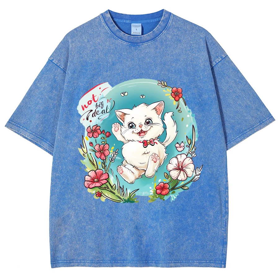 

Cartoon Cute Kitten Print Summer Women's T-Shirt Y2K Oversized Crew Neck Short Sleeve Wash Unisex Casual Fairy Style Top 2024