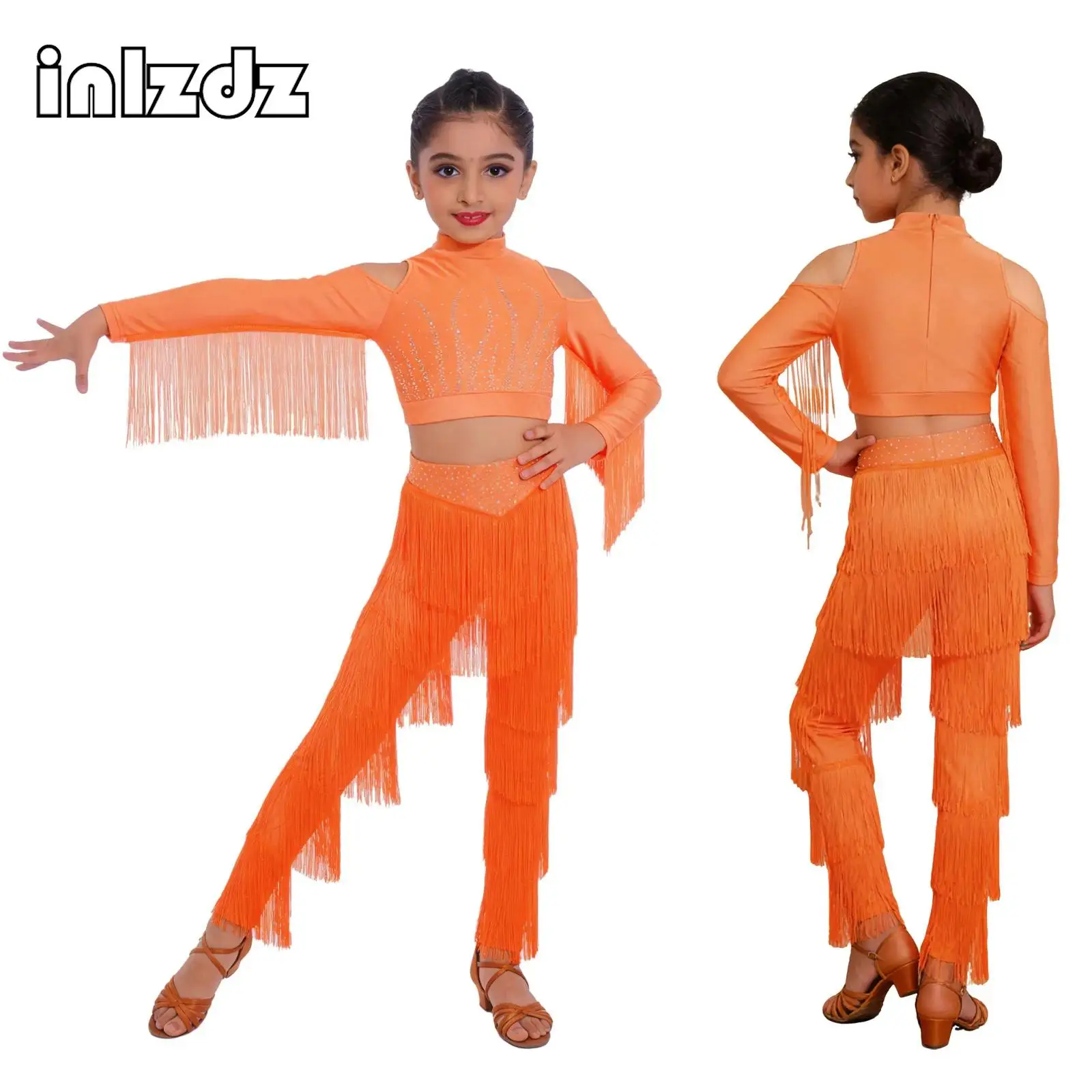 

Kids Girls Latin Dance Outfit Chacha Rumba Performance Clothes Cold Shoulder Tassels Long Sleeves Rhinestones Crop Top+Pants Set