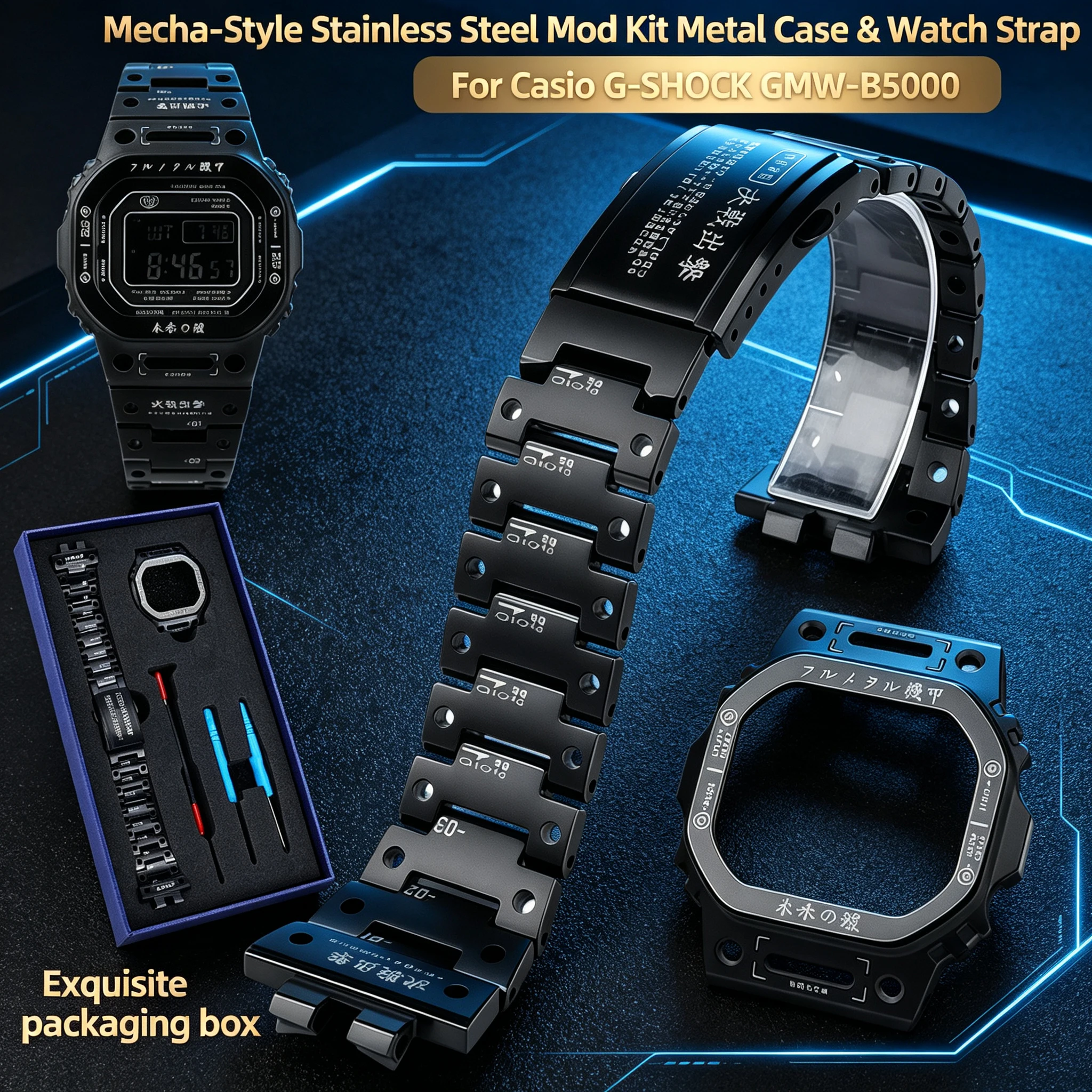 Mecha‑Style Stainless Steel Mod Kit Metal Case & Watch Strap For Casio G‑SHOCK GMW‑B5000 Bezel Bracelet Men Watch Accessories