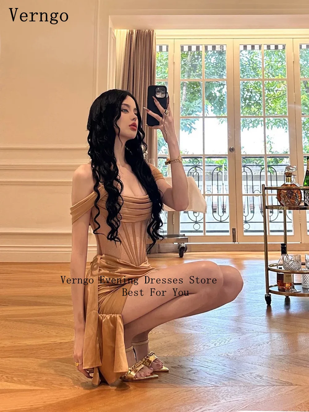 Verngo Brown Satin Mini Prom Gowns Strapless A Line Pleat Short Cocktail Dresses Sexy Homecoming Dress Customized