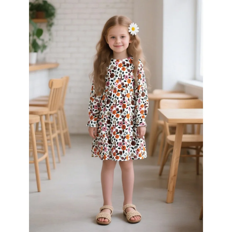 2025 Girls' Long Sleeve Floral Element Printed Dress - Bohemian Retro Pattern Children's Daily Casual Medium and Long Dress