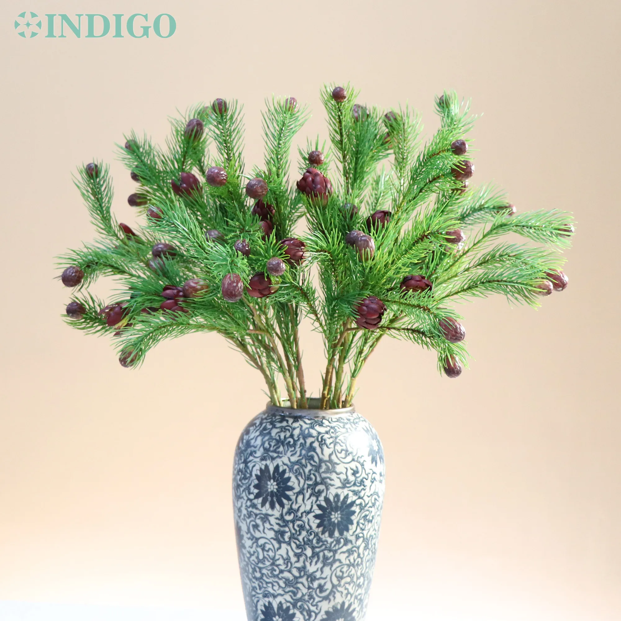 

INDIGO-Artificial Pine Branch Spuer, Real Touch Plastic Needles Leaf, Office Christmas Table Decoration, 1 Stem, 6 Heads