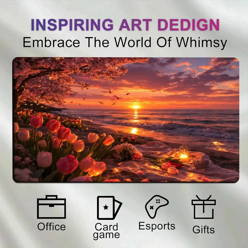 Ocean Beach Sunset Picnic Desk Mat, Tulip And Sakura Floral Seaside View Large Extended Mousepad, Gaming & Trading Card