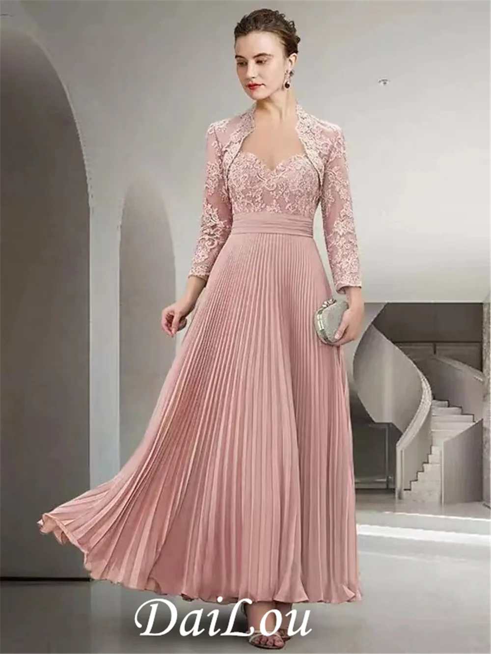 

A-Line Short Mother of the Bride Dress Elegant Sweetheart Pink Ankle Length Two Piece Chiffon Lace Long Sleeve with Pleats