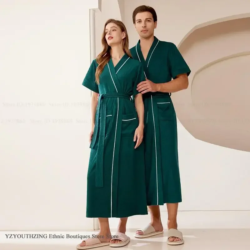 

Длинный халат для пары с короткими рукавами, одежда для сна, большой размер, махровое полотенце, впитывающий халат, кимоно, домашнее платье, свободная повседневная одежда для дома