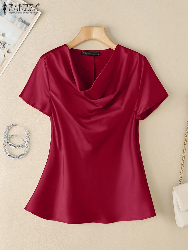 

ZANZEA 2025 Fashion Elegant Blusas Mujer Satin Short Sleeve Casual Cowl Neck Blouses Woman Korean Style Solid Color Party Tops