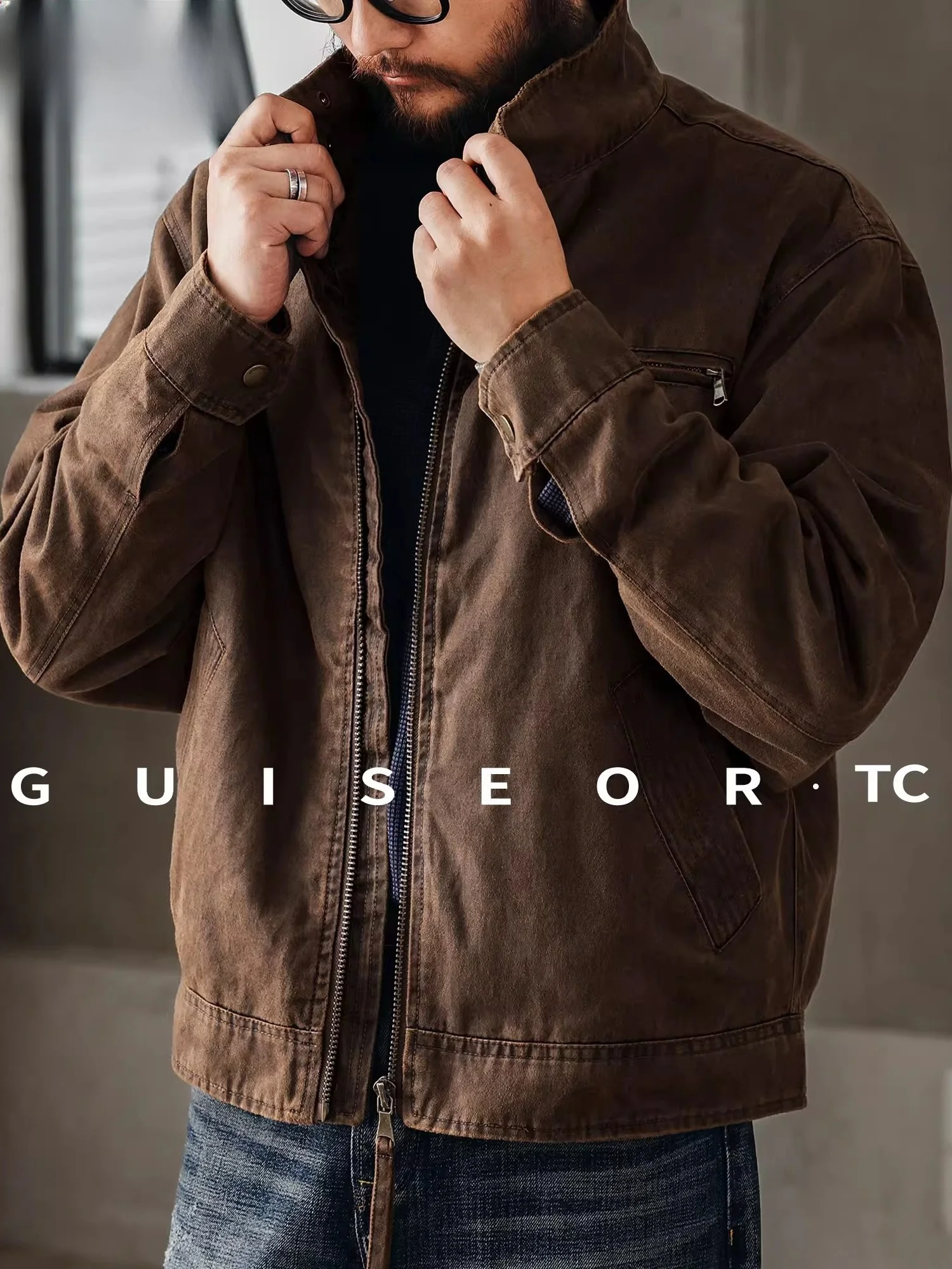 

Мужская винтажная куртка большого размера из вощеной кожи, свободного кроя, для весны и осени, в рабочем стиле, повседневная, с длинными рукавами