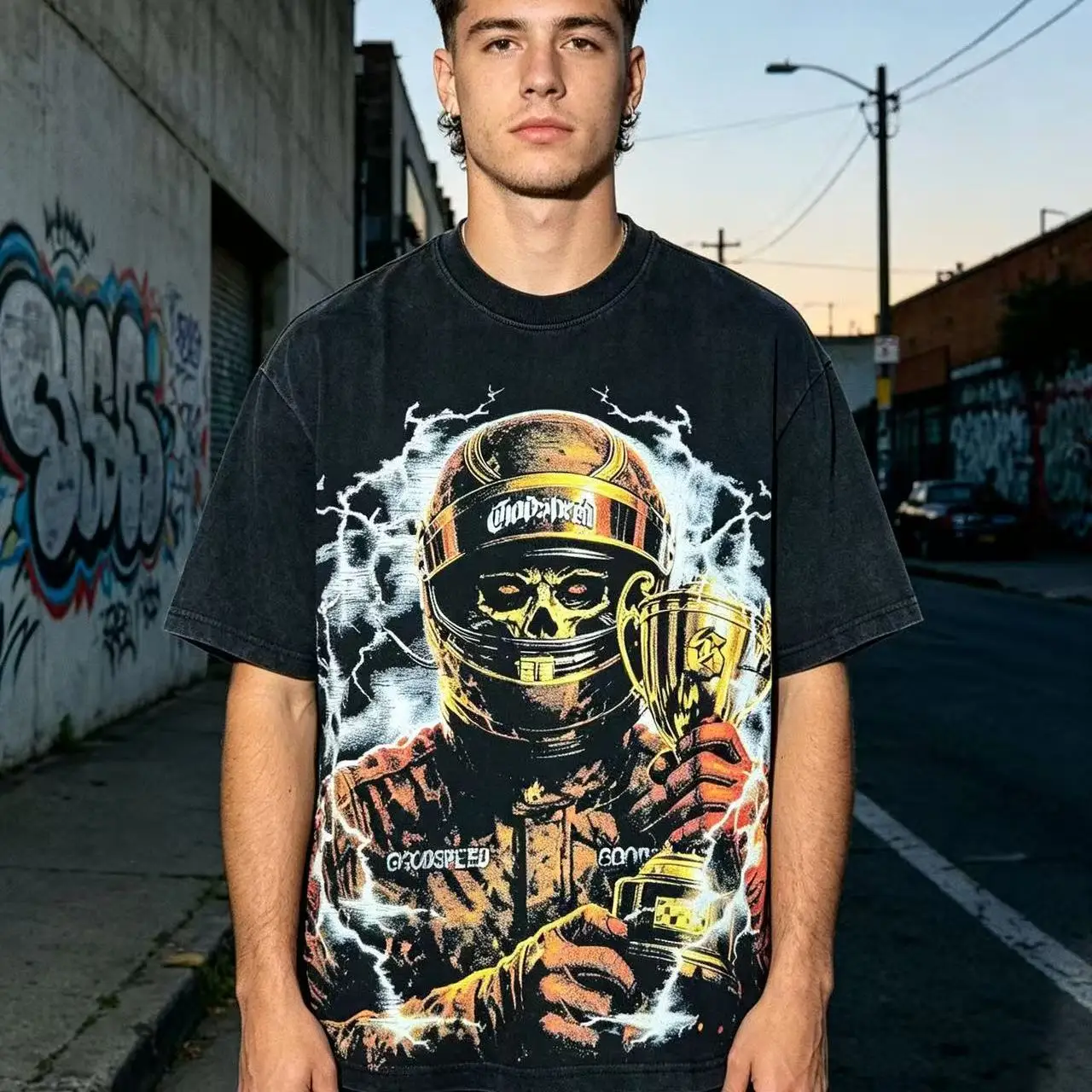 Godspeed American Trendy Brand Skull  Racing Driver Print High Street Washed Pure Cotton Short Sleeve T-Shirt