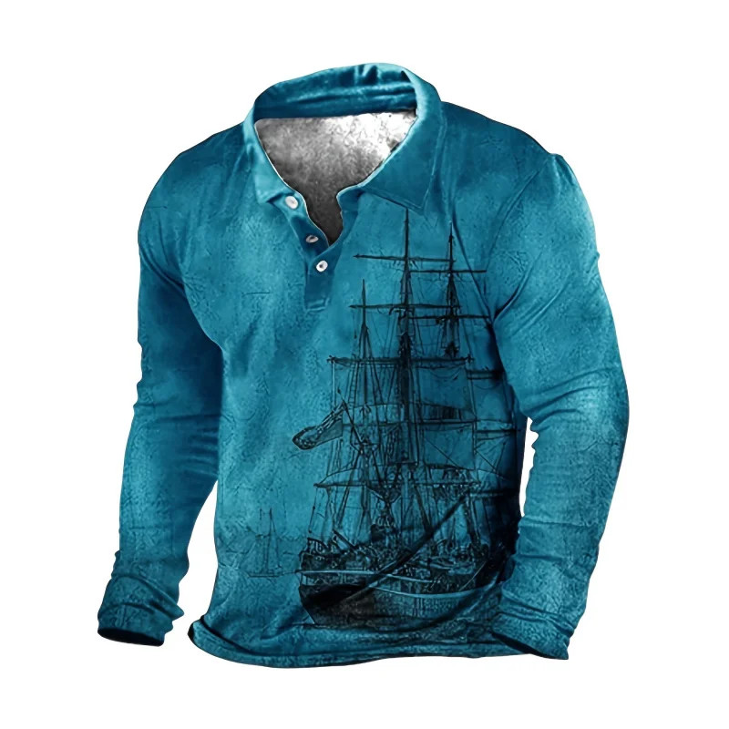 Plus-size men's long-sleeved polo shirt with sailboat pattern in multiple colors, distressed design, trendy men's sports casual