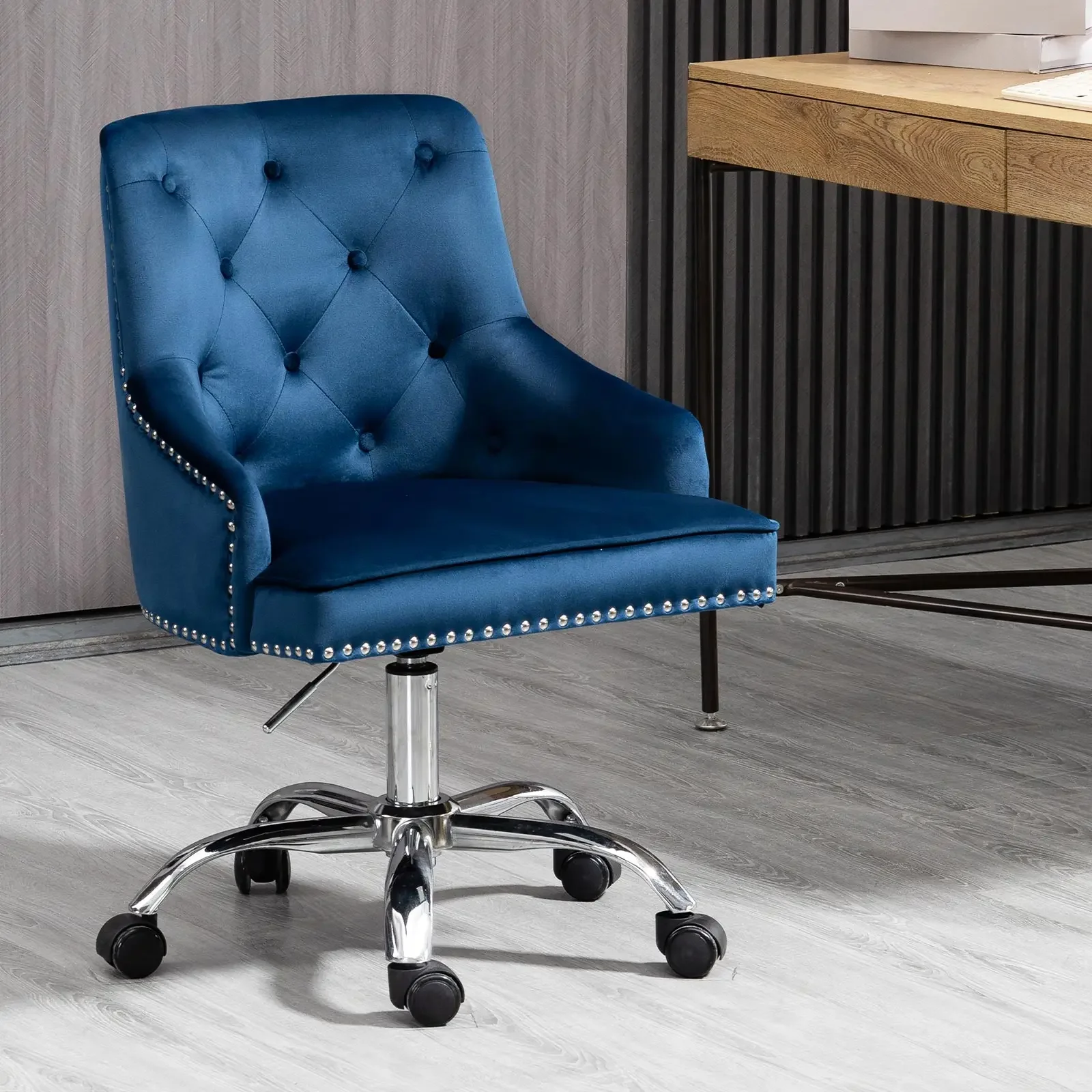 Modern Mid-Back Tufted Office Adjustable Height Computer Chair Velvet Soft Vanity Chair with Rivet and Arm Support Furniture