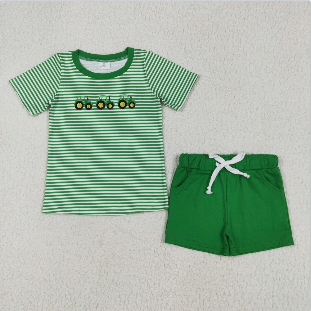 

Hot Sale Kids Designer Clothes Boys Shorts Sets Embroidery Baby Boys Green Farm Trucks Tops Pockets Baby Boys Clothes Sets