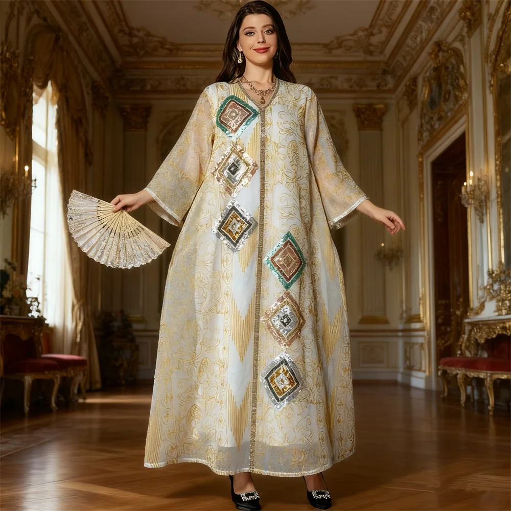 

Marocain Djellaba Kaftan Sequins Abaya Women Muslim Eid Party Dress Dubai Turkish Robe Ramadan Jalabiya Arabic Prayer Clothes