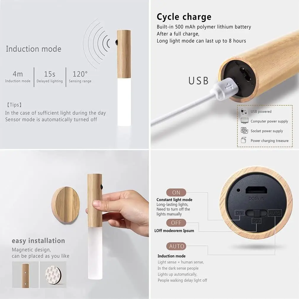Night Light Motion Sensor Rechargeable Wireless LED Wall Lamp 360°Rotation Magnetic For Room Kitchen Stair Cabinet Lights