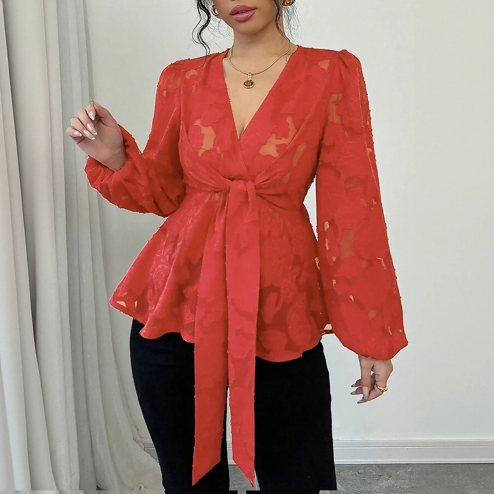 Autumn Winter Blouses 2025 Women's Mature Vibe Full Print Long Sleeve Round Neck Fitting Slim Casual Blouses