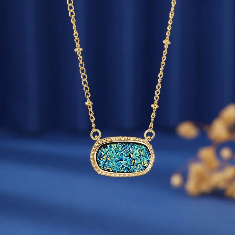 Colorful Resin Oval Druzy Pendant Necklace for Women Fashion Beads Chain Geometric Necklaces Luxury Party Jewelry Gifts