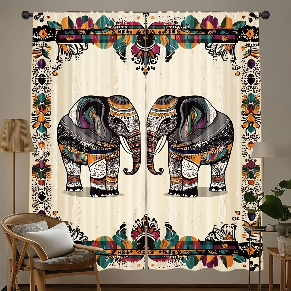 Boho Elephant Curtains Tribal Pattern Art Print Window Drapes Indian Style Home Decor Living Room Bedroom Unique Design Cultural