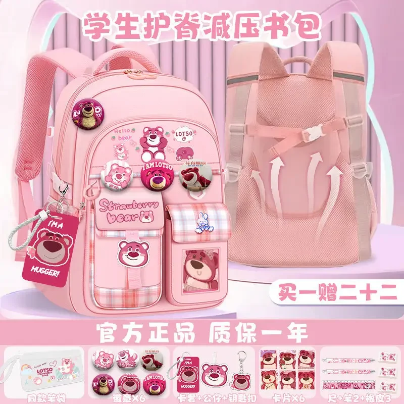 Sanrio tas sekolah Super ringan, tas ransel pelindung tulang belakang, kapasitas besar, kartun imut, tas sekolah Super ringan, beruang stroberi untuk pelajar