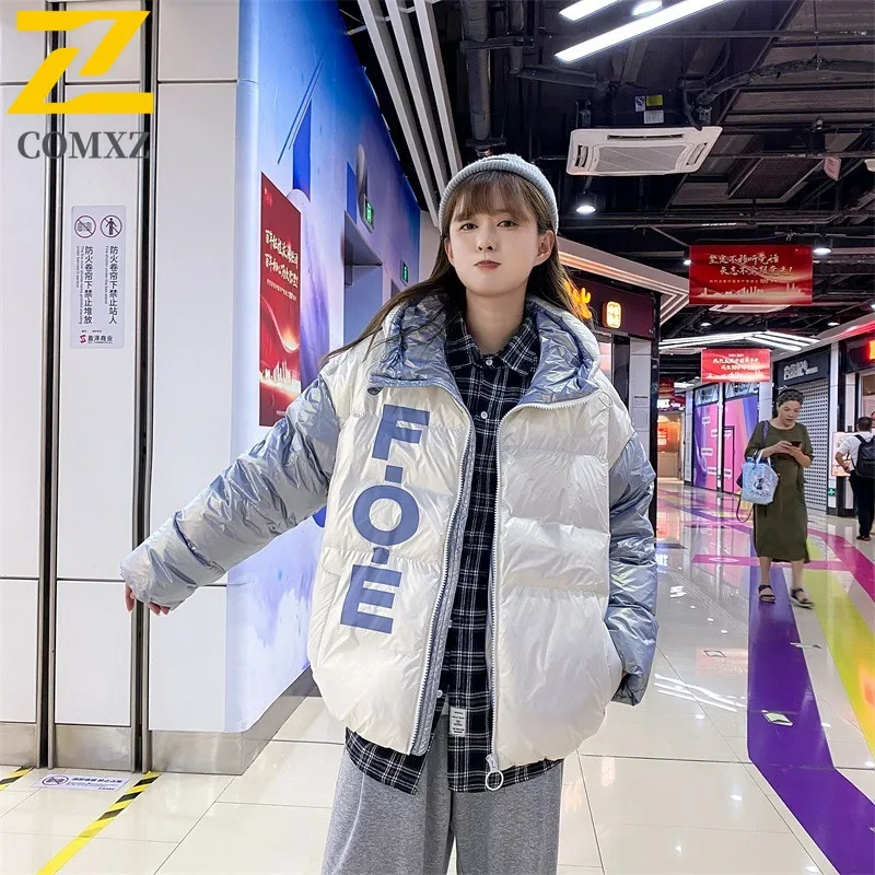 COMXZ Men Thickened Winter Cotton Windbreaker Loose Puffer Coat Vintage Hong Kong Style Streetwear Windproof Warm Hood Parka