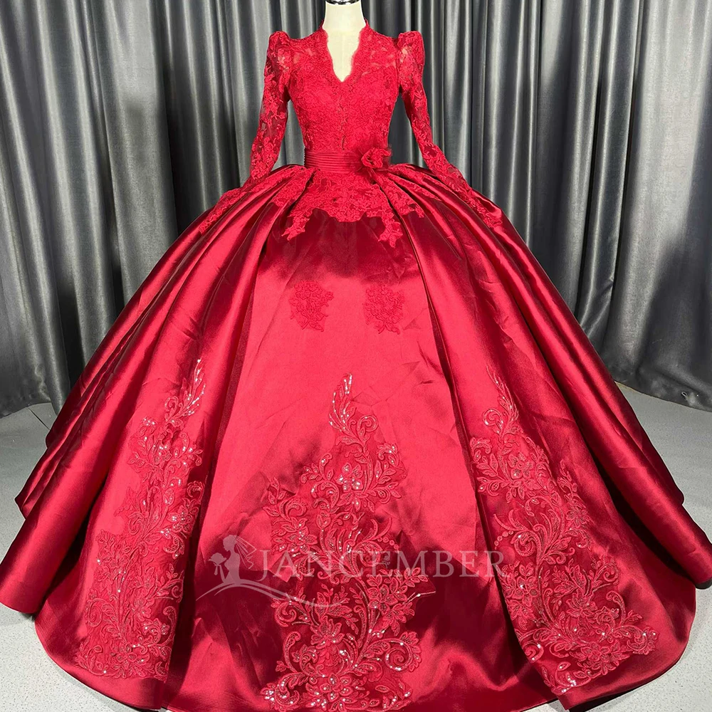 Customized Elegant Ball Gown Princess Wedding Dresses V-neck Long Sleeves Satin Made Bridal Gown Train فساتين حفلات