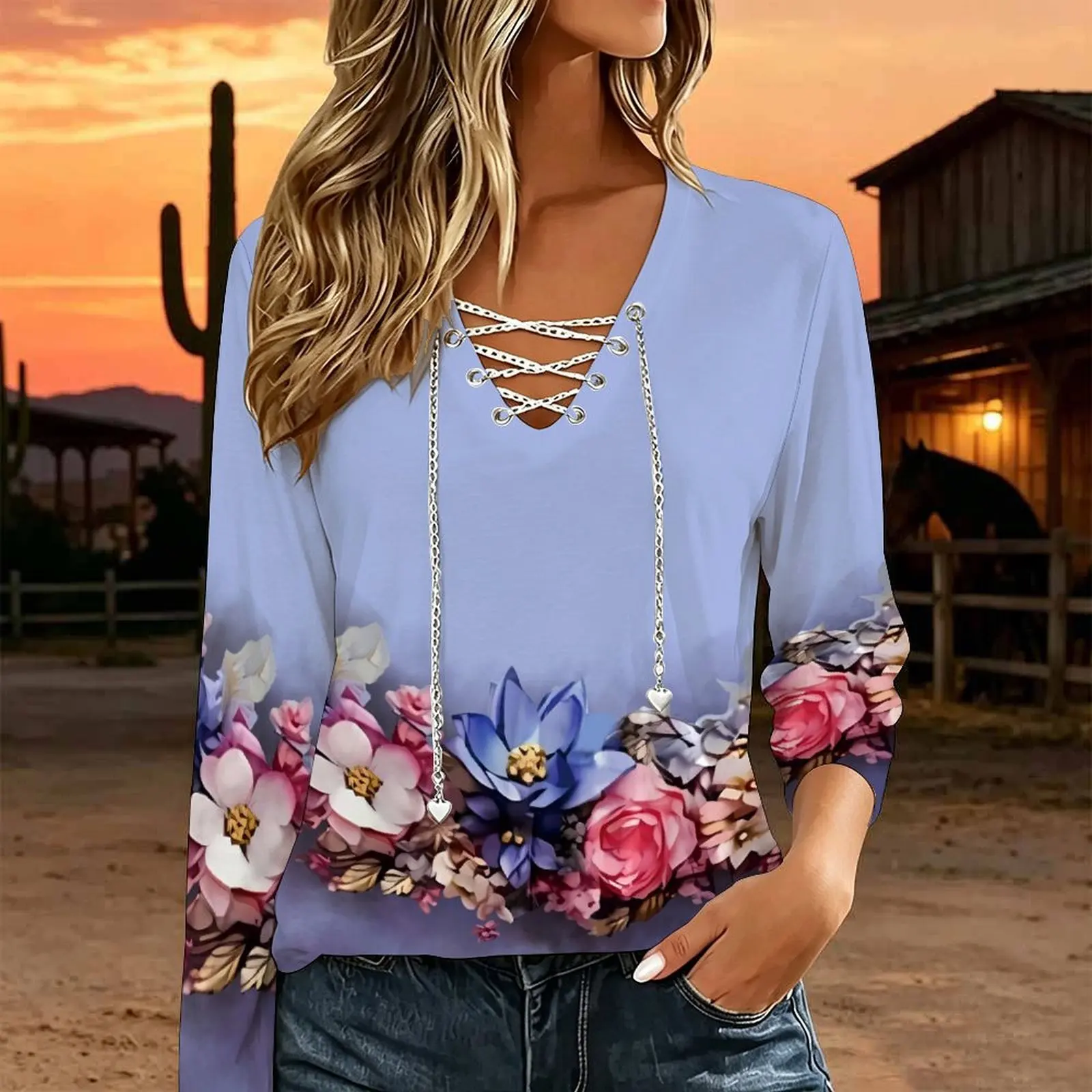 Women V Neck Long Sleeve Top Metal Chain Criss Cross Lace Up Cutout Loose Casual Blouse Custom Print Ladies Western Style Tee