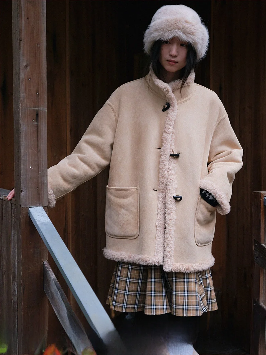 

Women's Mid-Length Fur Coat Double-Sided Plu Leather Fur Inteated Outerwear Winter Warm Pure Color Straight Hem Loose Fit