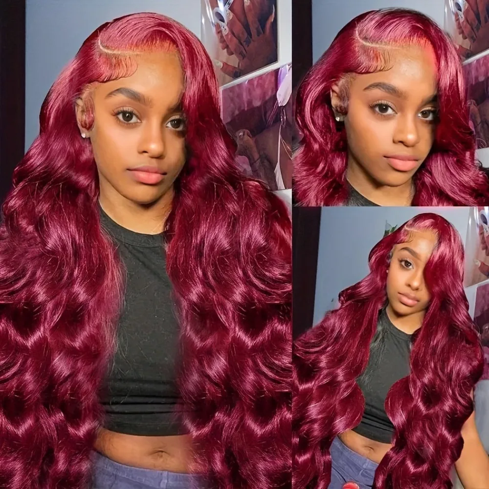 วิกผมแท้สีเบอร์กันดีความหนาแน่น 200 ขนาด 13x6 HD Lace Frontal แบบ Body Wave สี 99j  วิกผมหน้าผากแบบ Lace Front 13x4 ผมแท้ 100% วิกผมบราซิล