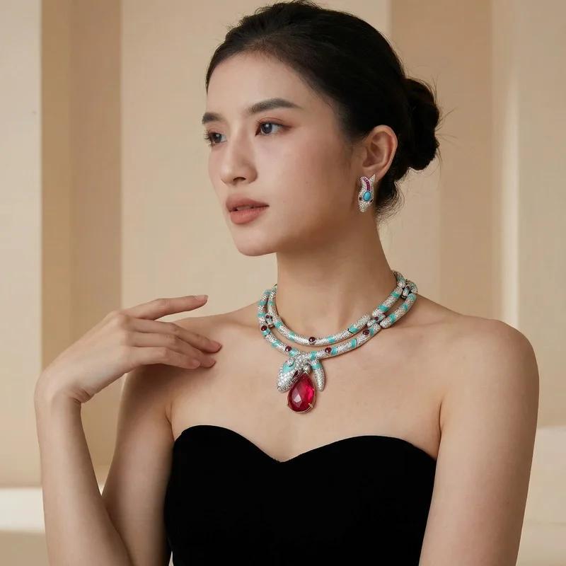 Vintage Style Earrings Necklace Inlay Cubic Zircon Synthetic Drop-shaped Ruby Enamel Snake Snakelike Chunky Chain Jewelry Sets