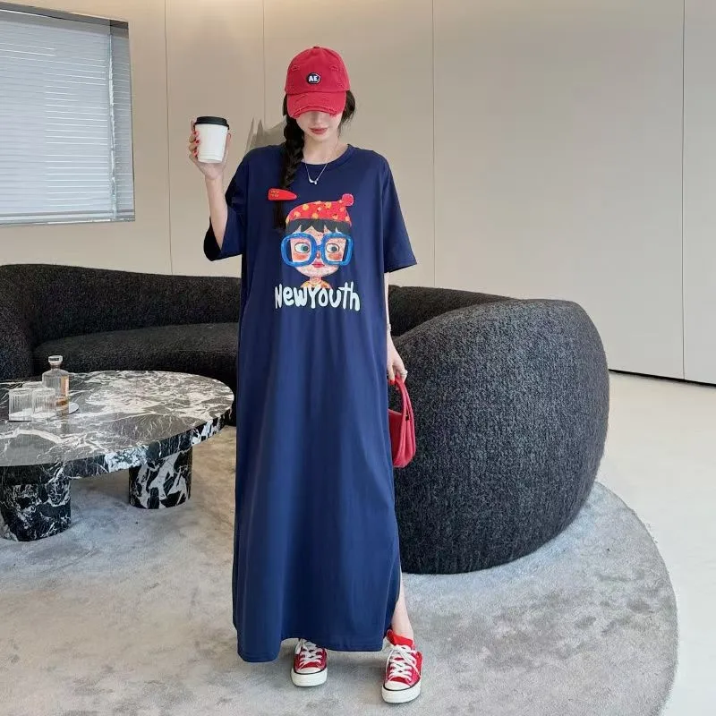 Abito t-shirt estivo in stile coreano: maniche corte, vestibilità ampia, taglie forti, lunghezza media con spacco - Temperamento senza sforzo