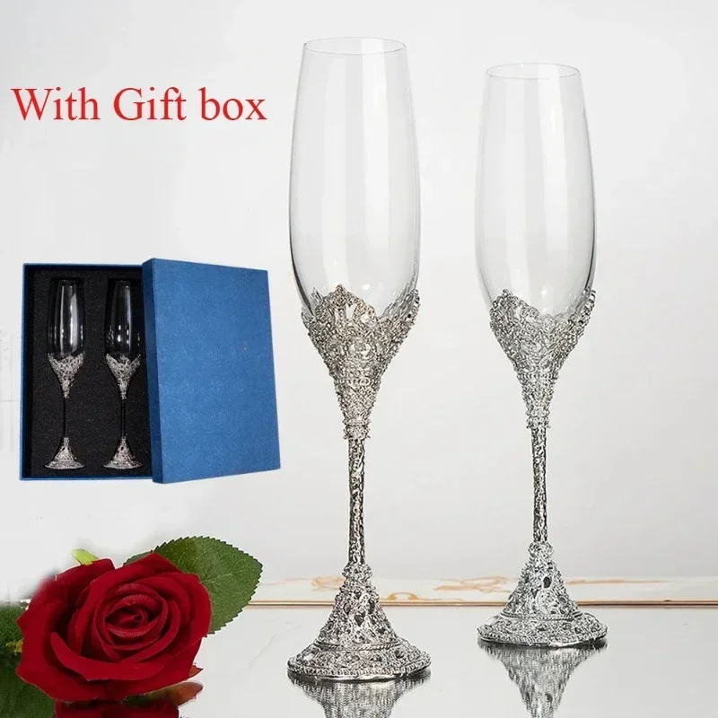 New Relief Flute Champagne Glass Light Luxury Crystal Glass With Rhinestone Metal Bottom Suitable for Couples' Wedding Gifts
