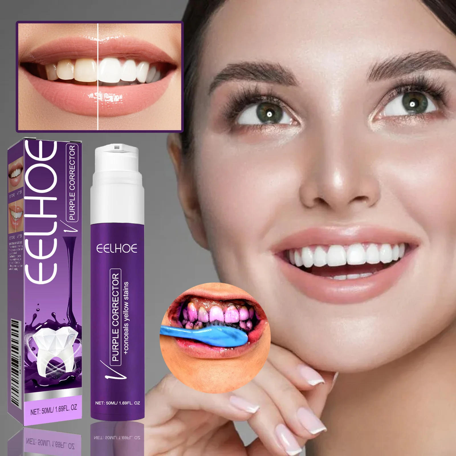 

50 мл фиолетовая безопасная отбеливающая зубная паста, освежающая пена для дыхания зубов, мусс для чистки зубов, удаление налета, уход за зубами