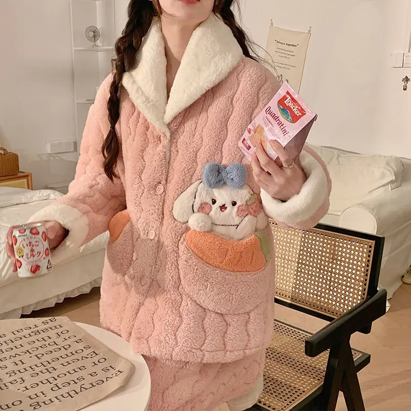 Sanrio Flannel Flip Collar Thickening Three Layer Cotton Pajama Set Kawaii Cinnamoroll Comic Girl Winter Keep Warm Home Clothes