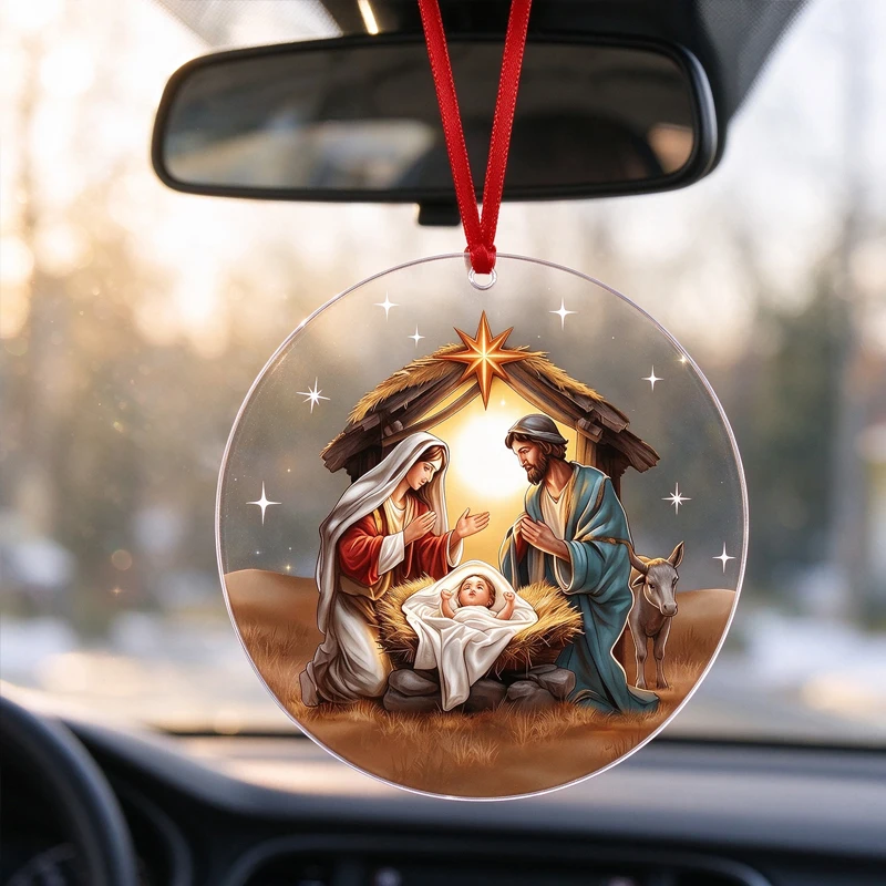 Custom Round Acrylic Nativity Scene Keychain Christmas Ornament Christmas Trees Family Pendant Car Hanging Decor Holiday Gifts