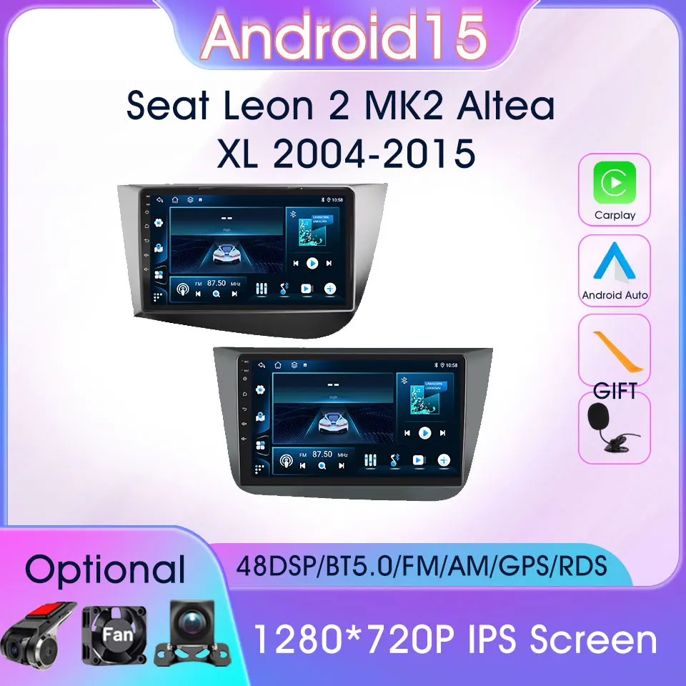 

Carplay Car Radio Android 15 For Seat Leon 2 MK2 Altea XL 2004-2015 Autoradio Stereo Head Unit DSP 48EQ Carplay 4G Wifi DVD Auto