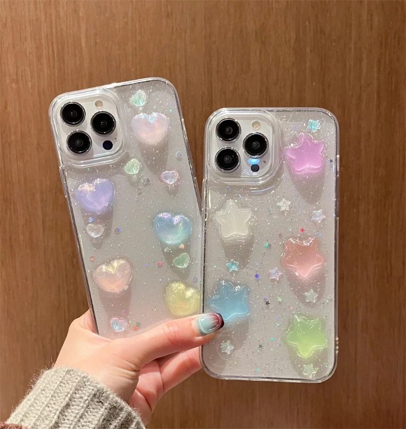 Transparent Bling Cute Color 3D love Stars Phone Case for Iphone 14 13 12 11 15 Night Light Luminous TPU Drop Glue Glowing Cover