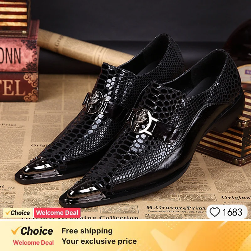 

Italian Style Gentleman Dress Shoes black Metal Pointed Toe Men Snake Grain Genuine Leather Shoes Business, Party Shoes Men Flat