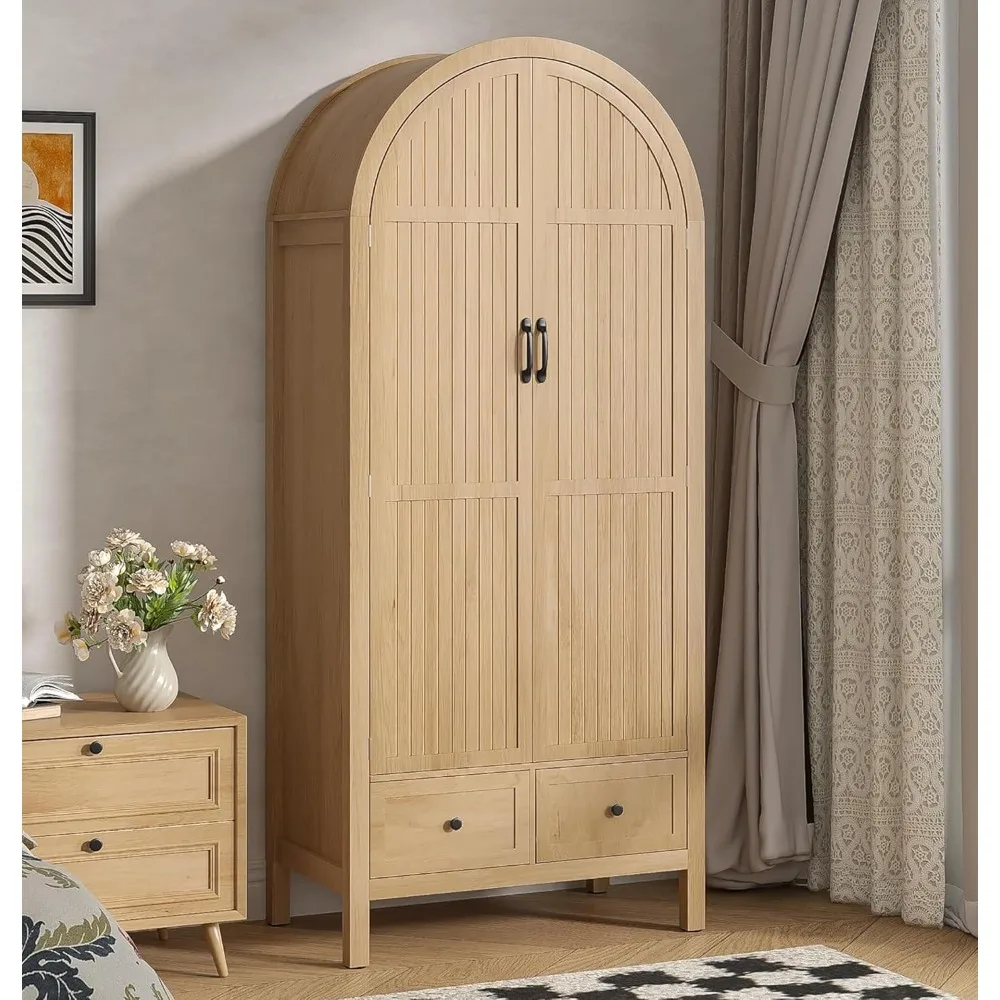 Armoire Wardrobe Closet with Drawers and 2 Arched Fluted Doors,70.87‘’ Tall Wooden Bedroom Armoires with Shelves and Hanging Rod