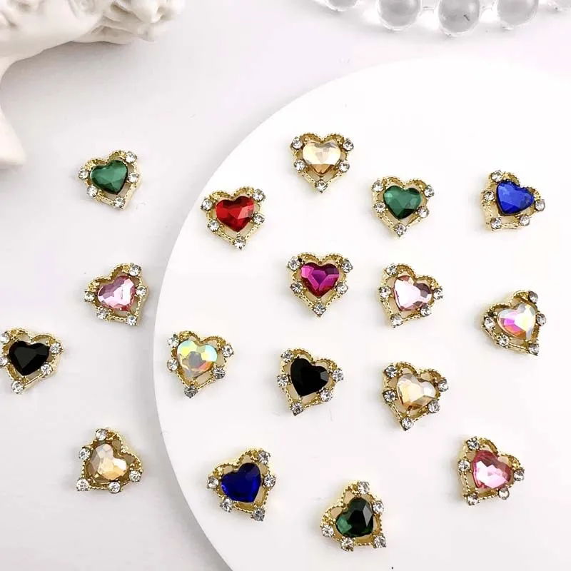 10 Stück Luxus Legierung Nagel Charms Herz Strass Kristall Nail Art Dekorationen DIY Zubehör Y2k