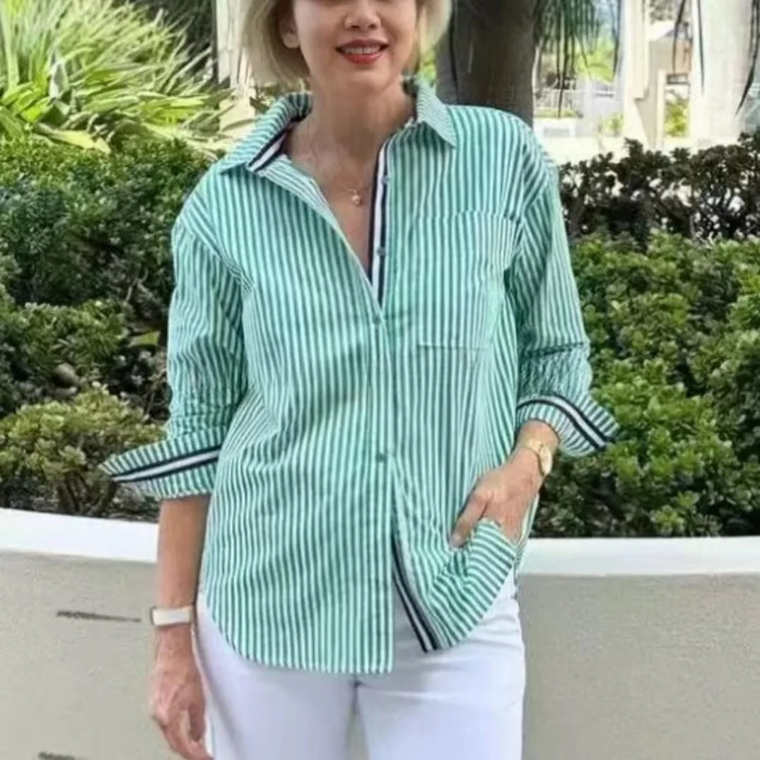 

Ladies Cotton Striped Shirt Single-Breasted Casual Women Long-Sleeved Classic shirt Tops Spring Autumn new 2025