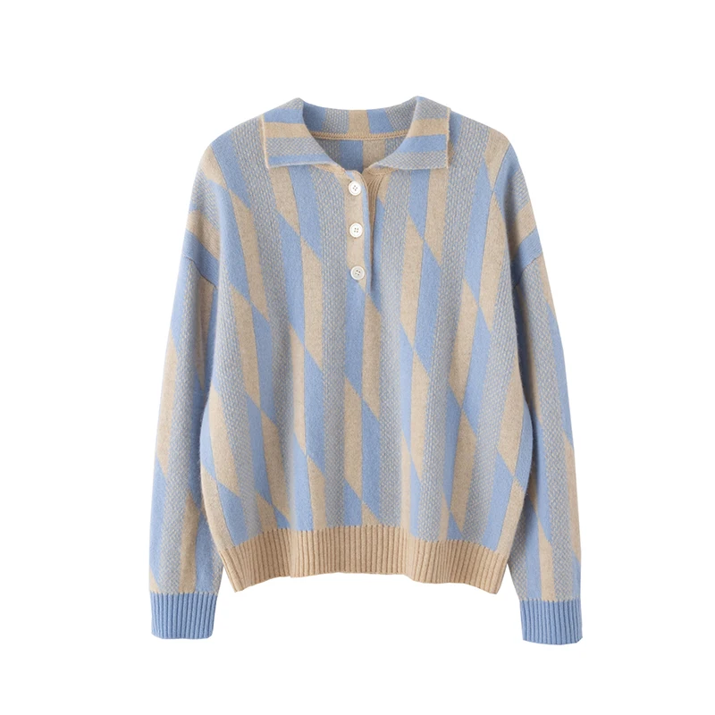 Ladies' 100% cashmere pullover casual color blocked knitted sweater with loose POLO collar Tops high-quality luxury Pull Jumper