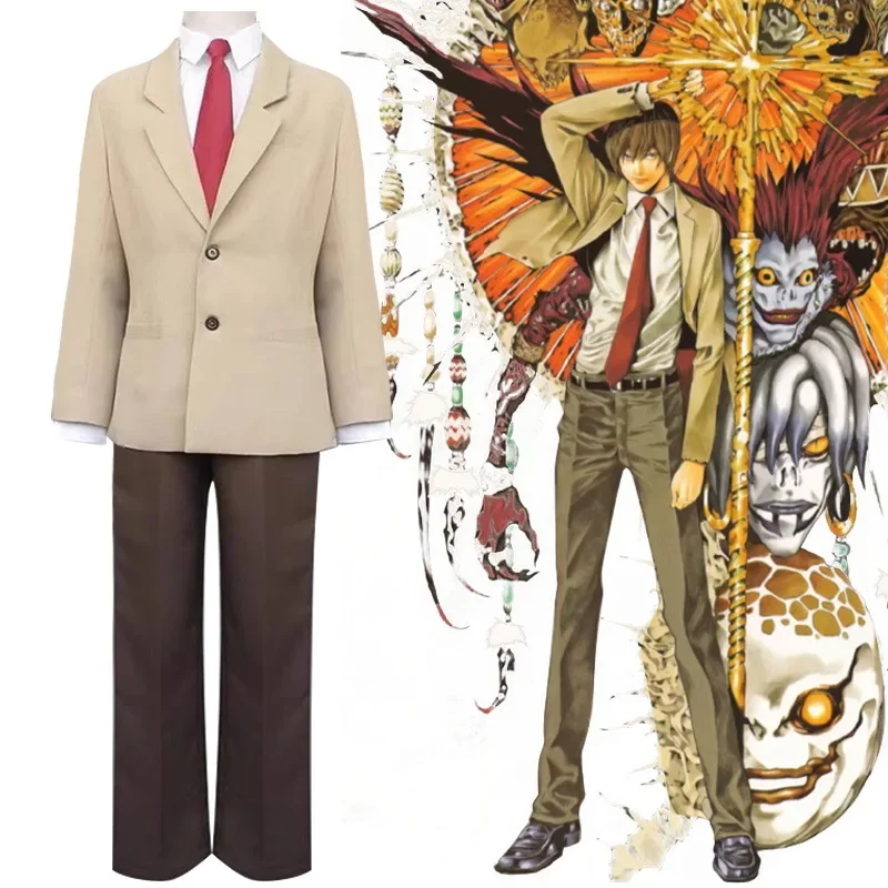 

Anime Death cos Note Yagami Light Cosplay Costume Wig Coffee Color School Uniforms Full Set Adult Man Halloween Carnival Suit