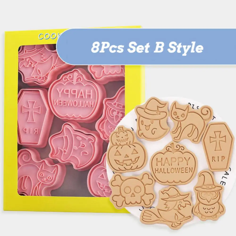 Cookie Cutters Set Cartoon Owl Castle Pumpkin Witch Vampire Skull Pressable Cookie Stamp Biscuit Mold Halloween Decoration