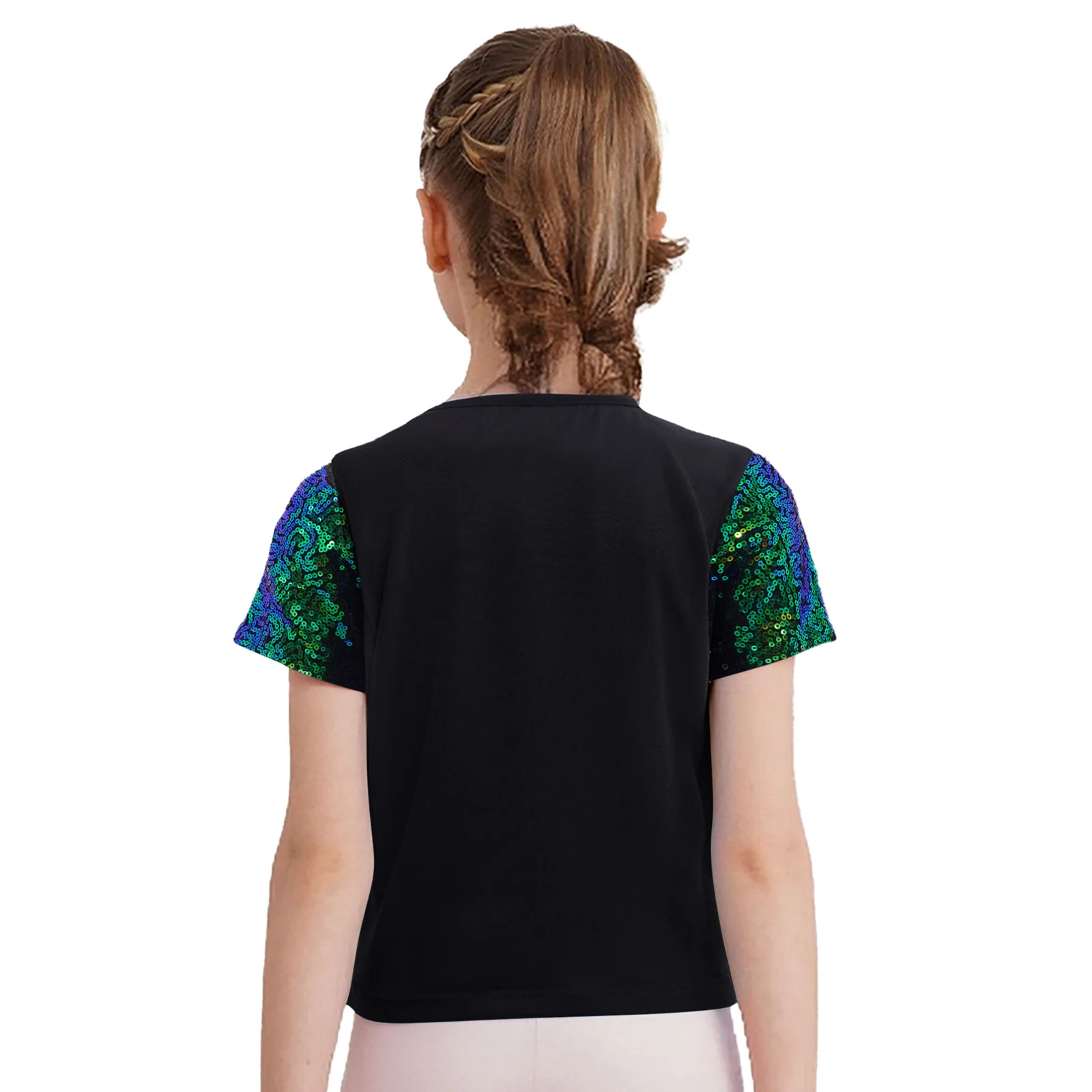 Camiseta de porristas brillante para niñas, camisa de lentejuelas de manga corta para puesta en escena de baile y deportes de equipo para uso informal