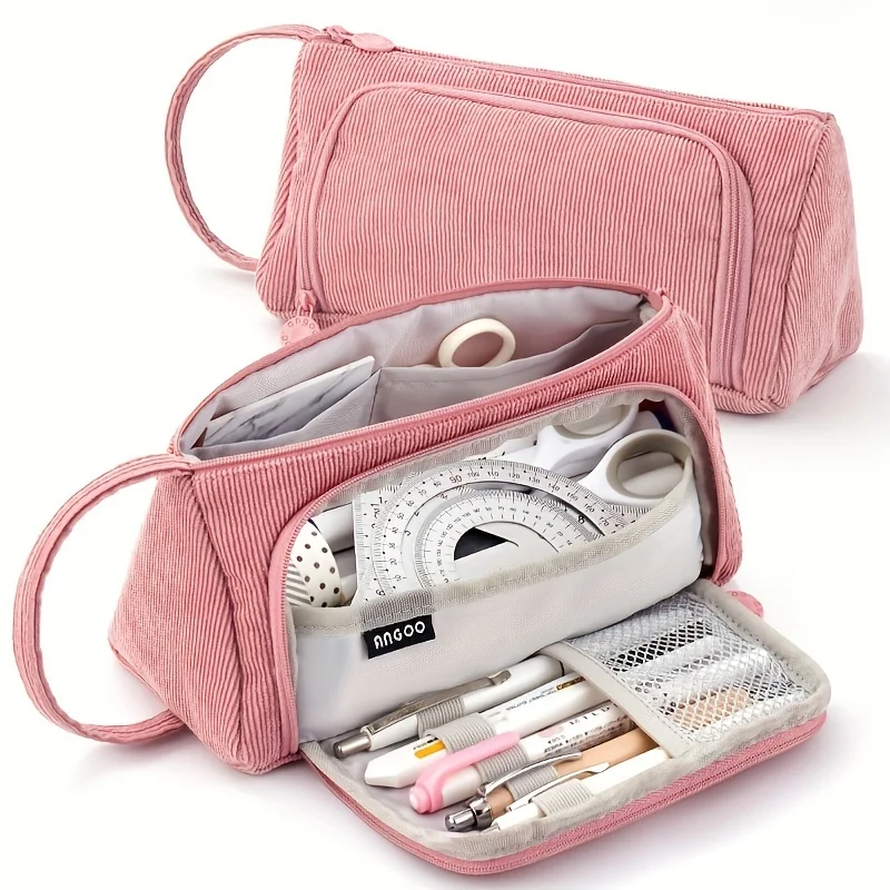 1pc Pink Triangular Corduroy Pencil Case, Case Large Capacity Simple Pencil Case, Multifunctional Student Stationery Storage Bag