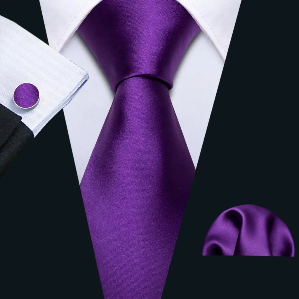 Purple Solid Silk Mens Tie Hanky Cufflinks Set Smooth Plain Satin Acorus Necktie For Male Wedding Business Party Gift Barry.Wang