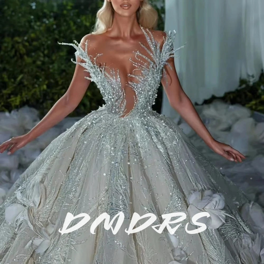 

Exquisite Ball Gown Dreamy Flowers Wedding Dresses Shiny Deep V Neck Dress For Bride Pearls Beaded Bridal Gown Customized