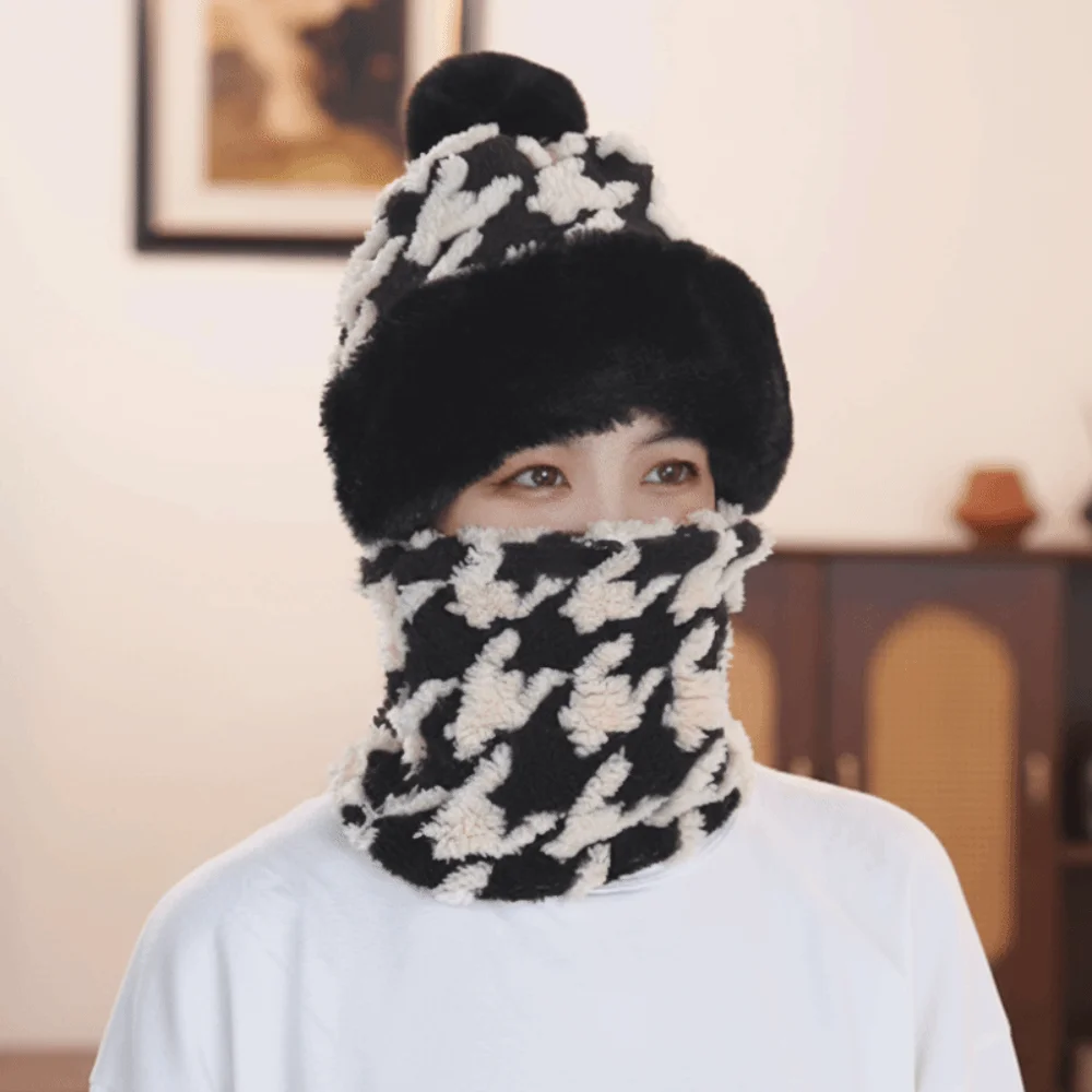 Máscara de esquí de felpa gruesa, bufanda, sombrero con patrón de pata de gallo, transpirable, 4 en 1, sombrero a prueba de viento, protección para los oídos, cubierta para el cuello, gorro para la cara